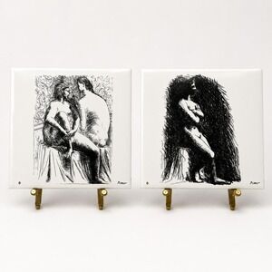 Vintage Picasso La Femme Ceramic Art Tiles Spadem Paris 1976 Estate Set of 2 -6"